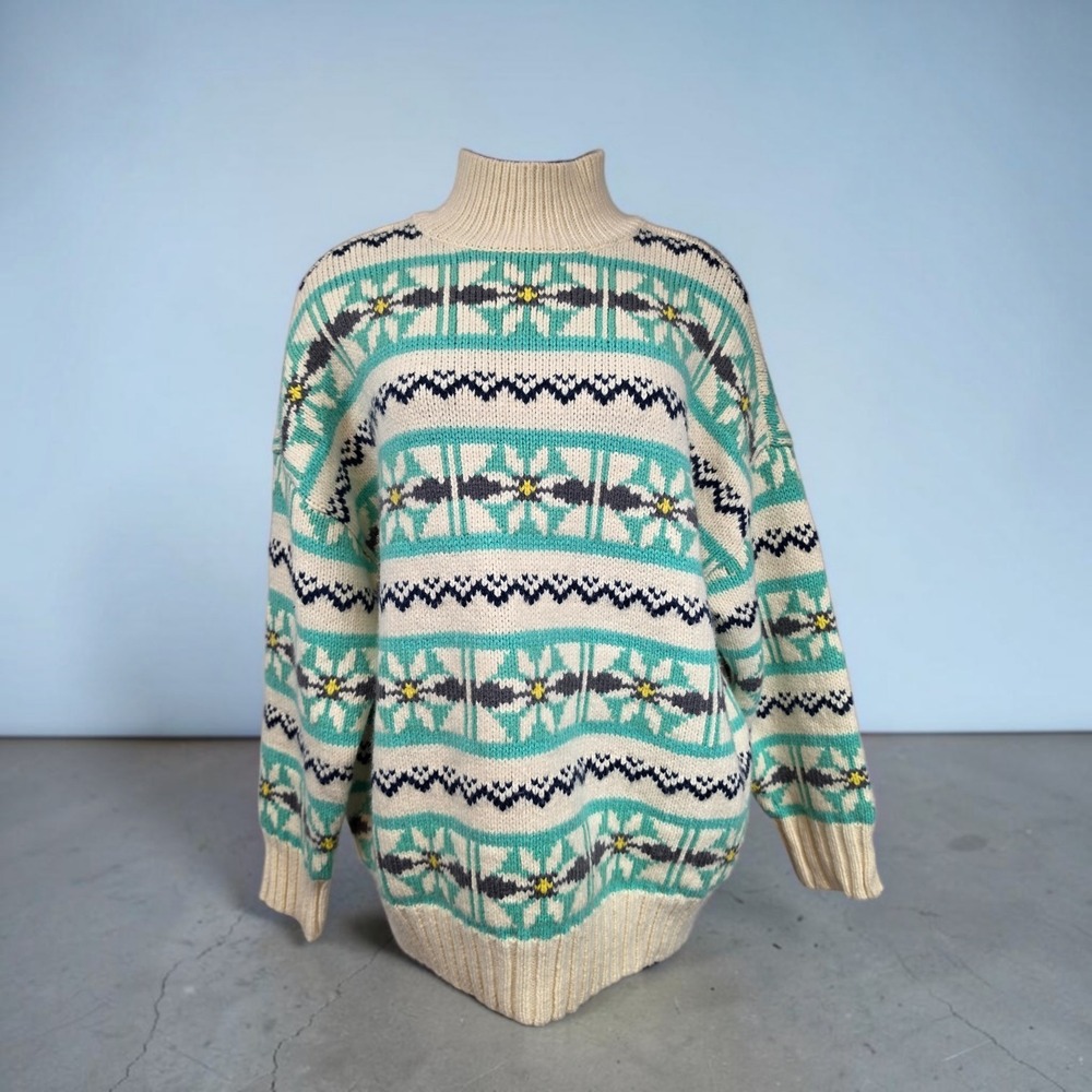 American Eagle Medium Fair Isle Mock Neck Sweater Teal Cream Snowflake Vintage